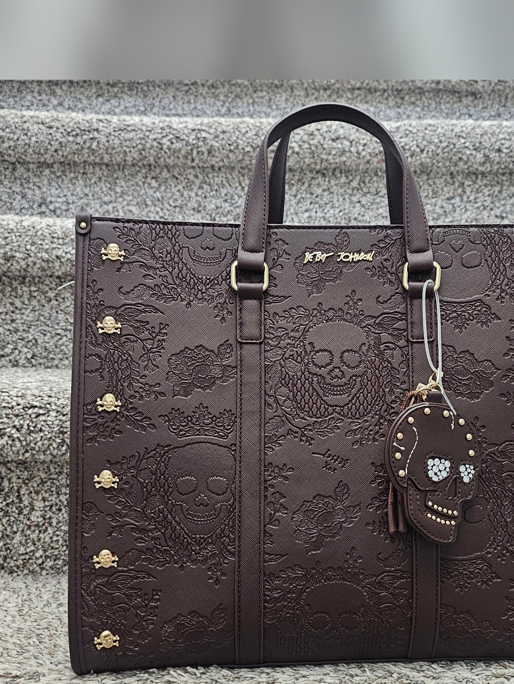 Betsey Johnson Brown Embossed Skull Tote with Gold Accents